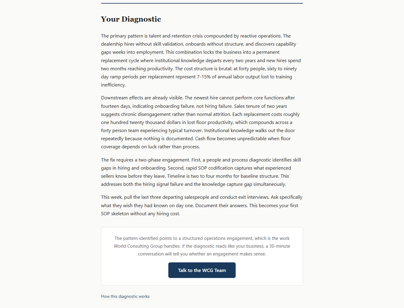 Written diagnostic from businessconsultant.services naming a talent and retention crisis compounded by reactive operations, and prescribing exit interviews as the first SOP skeleton